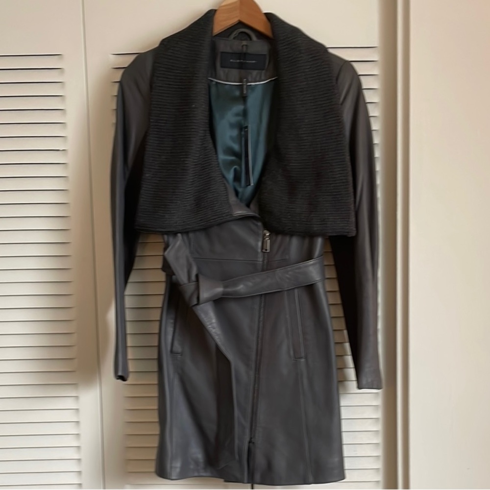 Elie Tahari - Alexandra - Gray Trench Leather Jacket with knit collar.